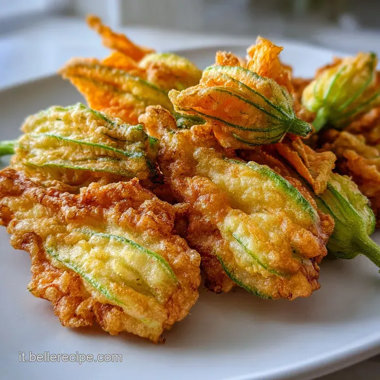 Delicate fried zucchini blossoms artfully arranged on a white plate, hinting at a light, crispy texture and savory filling...