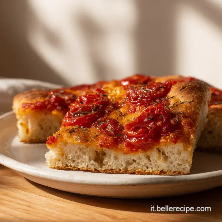 A slice of warm focaccia, dotted with tomato, served on a rustic wooden board. A simple and satisfying Italian treat. Mout...