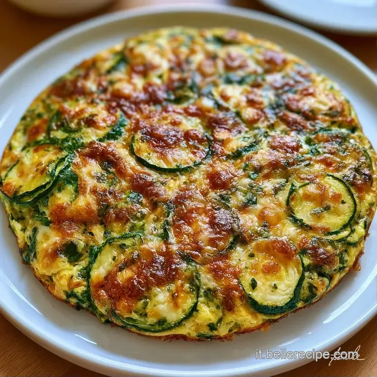 Fetta spessa e soffice su piatto bianco, con zucchine verdi immerse nell'uovo dorato e un tocco di pepe nero macinato.