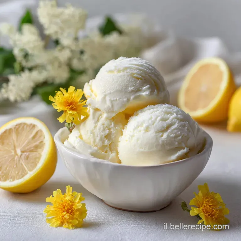 Elegant scoop of lemon gelato on a white plate. Glistening with icy crystals, a sprig of mint adds a pop of fresh green.