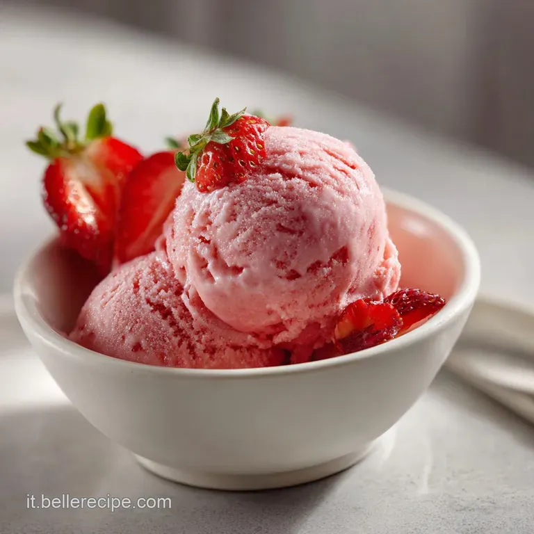A scoop of pale pink strawberry gelato, glistening and smooth, artfully placed on a white dessert plate.