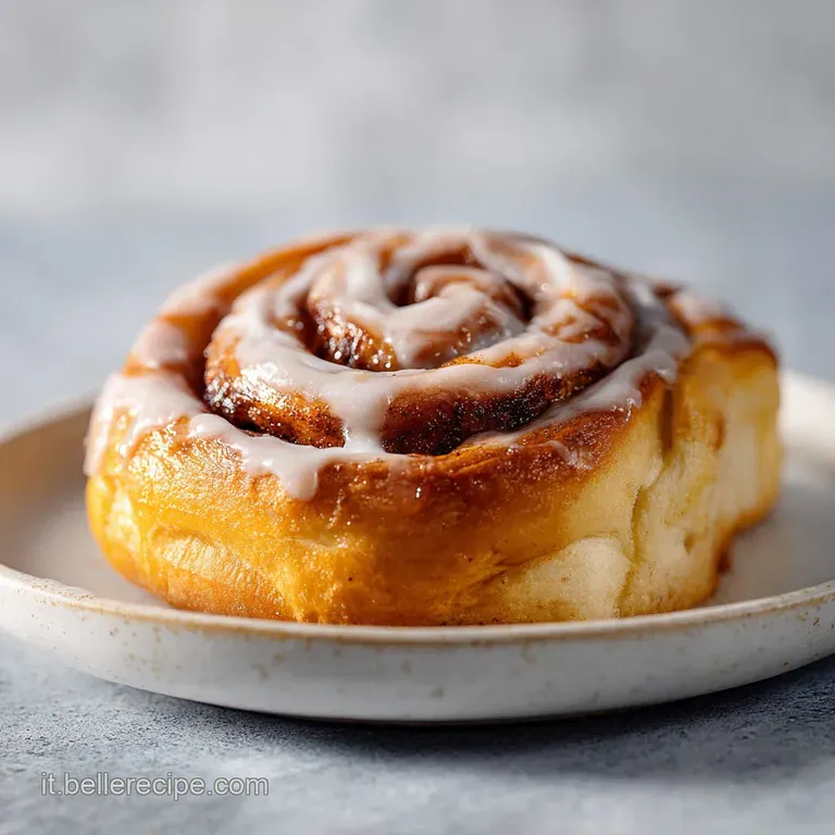 A single cinnamon roll, flaky layers visible, dusted with powdered sugar on a white plate. Soft lighting highlights the pa...
