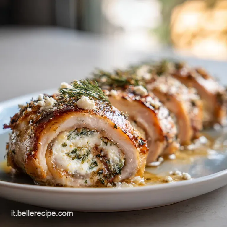 Delicate chicken pinwheels, glistening with savory juices, presented on a white plate with a vibrant green sprig of rosemary.