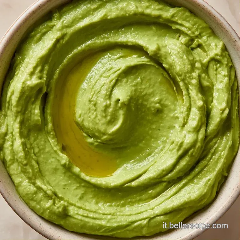 Composizione elegante di mousse verde vellutata su piatto bianco, con gocce di olio extravergine e un pizzico di paprika.