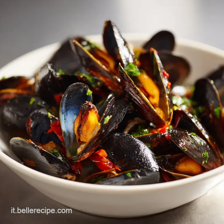 Plump mussels in a white bowl, fragrant steam rising, a drizzle of olive oil, and crusty bread on the side.