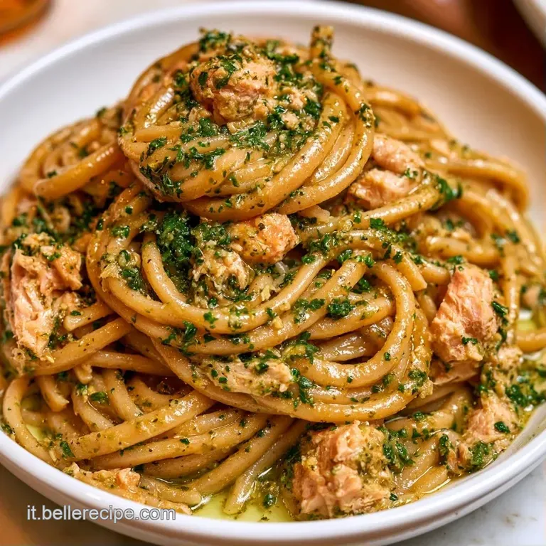 Pasta cremosa verde disposta con cura, guarnita con tonno sminuzzato e un filo d'olio lucido su piatto di ceramica.