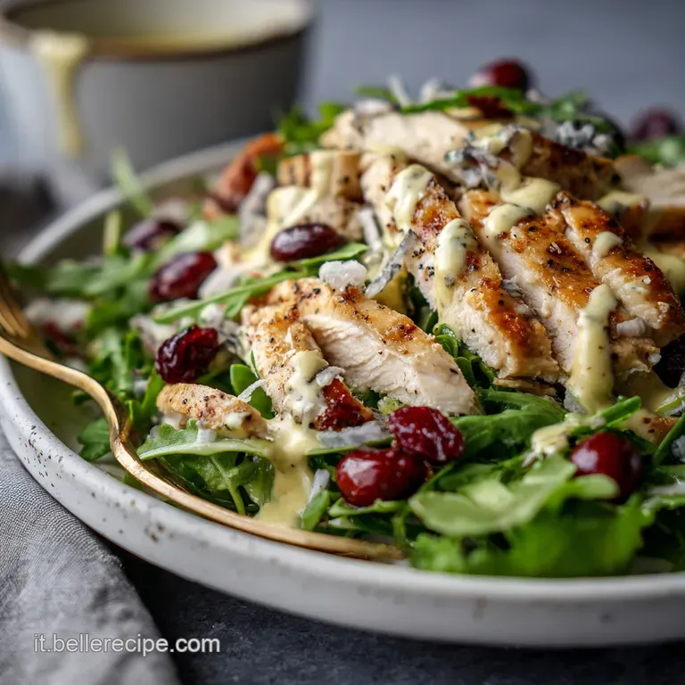 Plated chicken salad: tender chicken pieces & ripe tomatoes atop emerald greens. A delicious & artful lunch presentation.