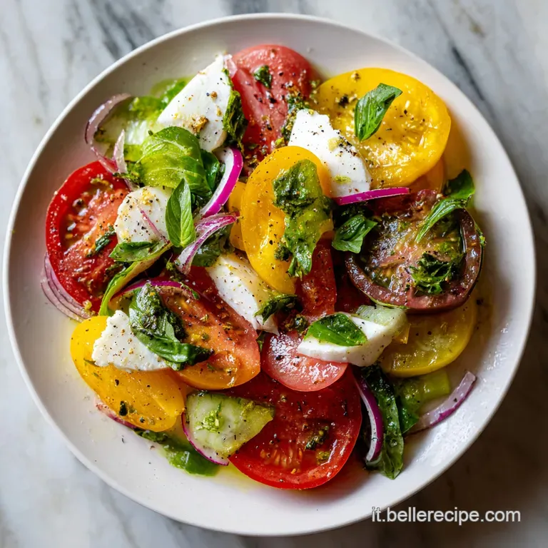 Vibrant Insalata di Rinforzo plated elegantly; crunchy cauliflower, juicy peppers, briny olives glistening with oil.