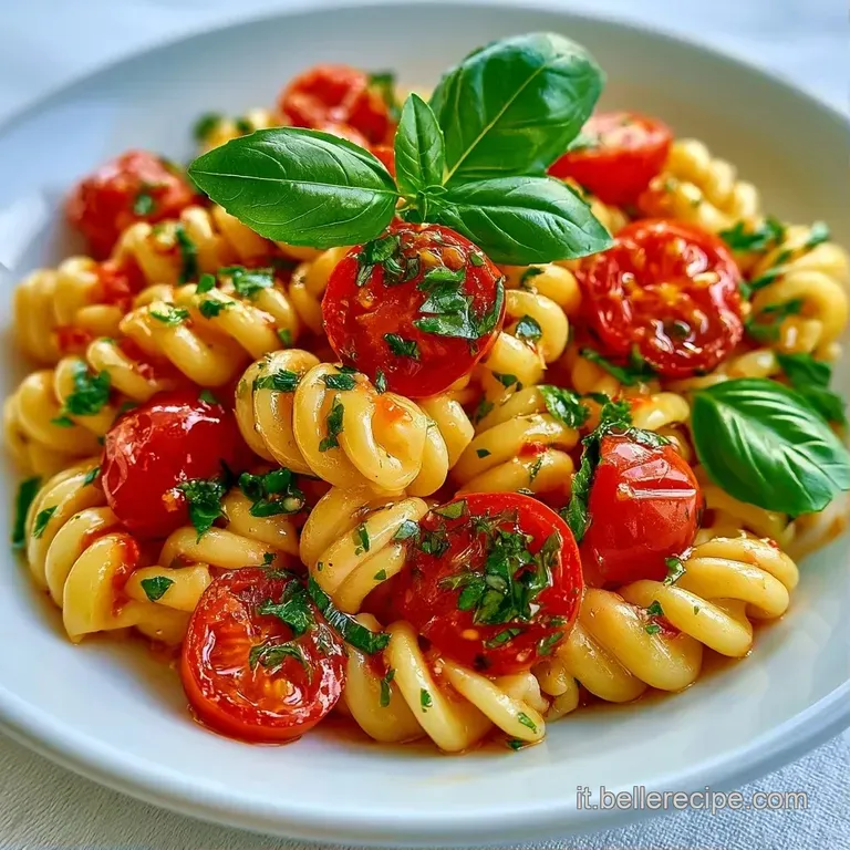 Pasta fredda disposta con cura in un piatto bianco, decorata con gocce di olio dorato e foglioline di basilico intenso.
