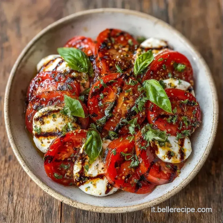 Alternanza elegante di pomodori rossi e mozzarella bianca su piatto bianco, con gocce d'olio dorato e basilico fresco.