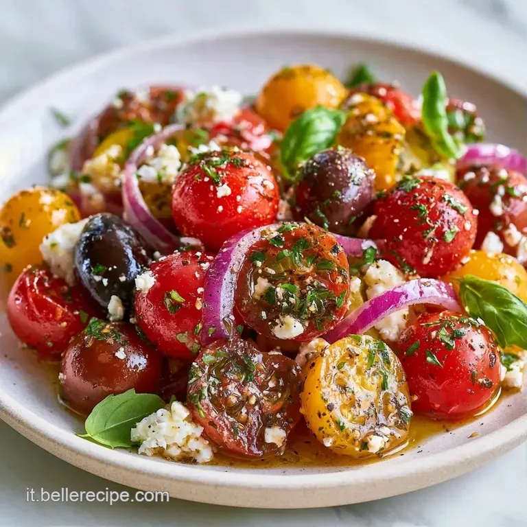 Composizione elegante di pomodorini rosso vivo e feta bianca a cubetti, guarnita con foglie di basilico fresco.
