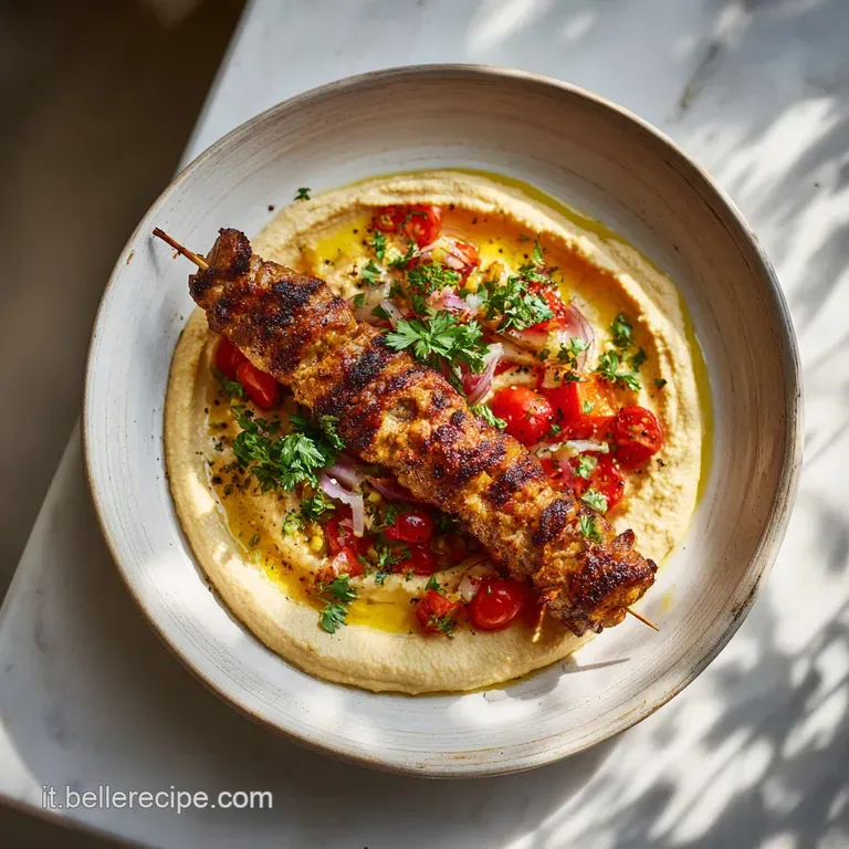 Elegant plated kebab featuring juicy grilled meat and colorful vegetables, dolloped with smooth, golden hummus. A flavorfu...