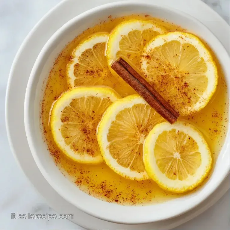 Tazza di vetro trasparente con bevanda gialla calda, guarnita da una fetta di limone e un bastoncino di cannella.