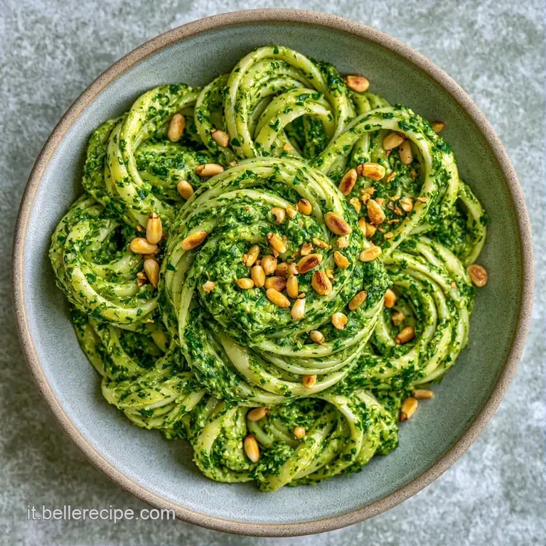 Spirale di pasta sottile color verde smeraldo in un piatto bianco, decorata con un filo d'olio lucido e basilico fresco.