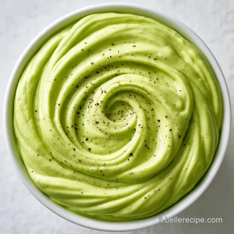 Una quenelle di crema verde pallido su un piatto di ceramica scura, accompagnata da crostini dorati e una fetta di limone.