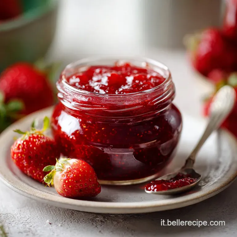 A delicate swirl of ruby-red strawberry jam atop a fluffy ricotta cheese, garnished with mint.