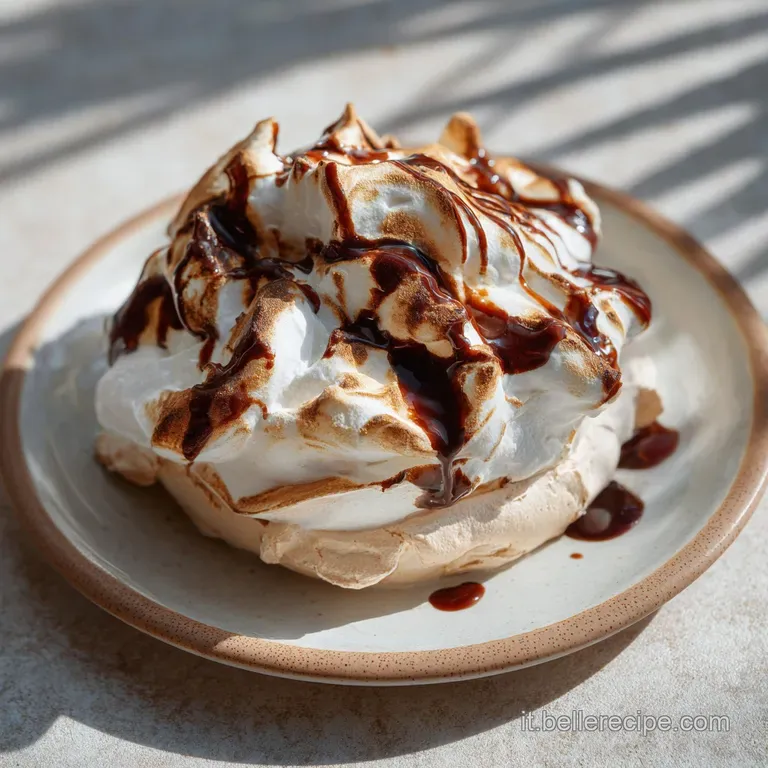 Elegant slice of layered wafer cake with billowy, toasted meringue; rich chocolate; and a light dusting of cocoa powder.