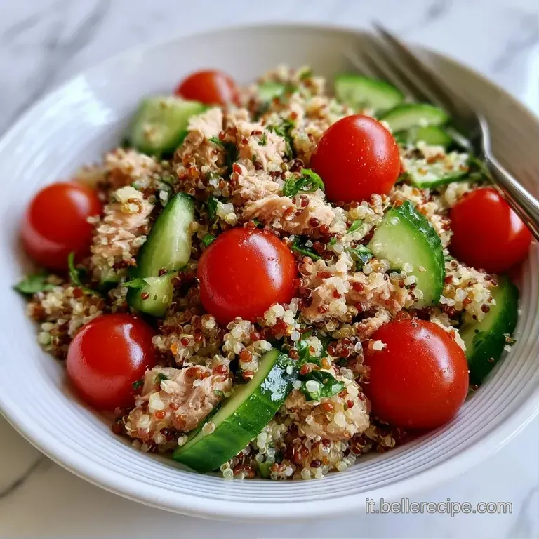 Composizione curata in una ciotola bianca con quinoa sgranata, fiocchi di tonno e gocce lucide di olio extravergine.