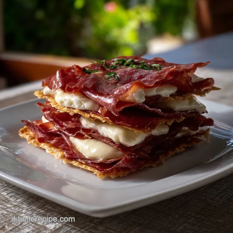 Elegant, artful plate featuring a stack of bresaola and cheese, garnished with fresh herbs and a drizzle of olive oil, rea...
