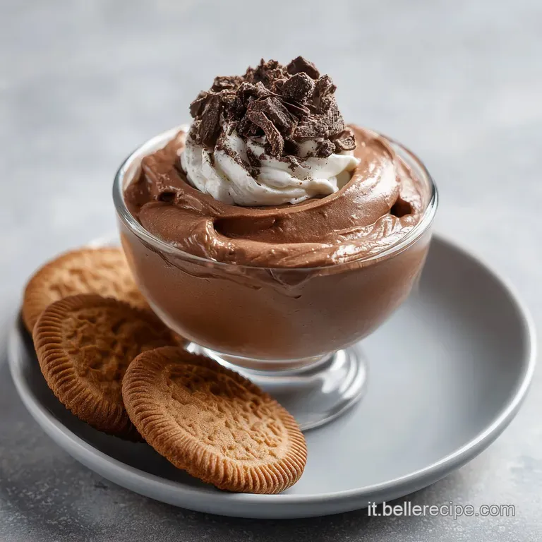 Elegant chocolate mousse in a stemmed glass, showcasing a smooth surface contrasted by a rustic, almond-studded biscotti.
