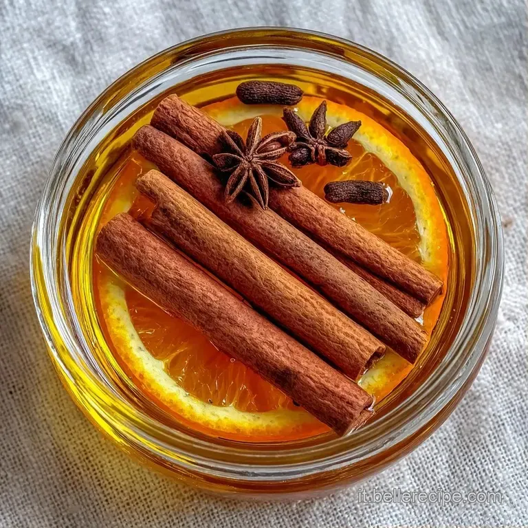 Bottiglia di vetro trasparente contenente olio ambrato e spezie brune, su un tavolo di legno rustico e illuminato.