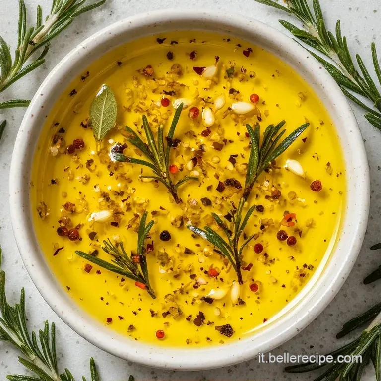Elegante bottiglia di vetro trasparente che mostra olio giallo oro e rametti di erbe verdi su un piano di marmo chiaro.