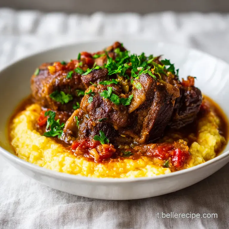A perfectly plated osso buco rests in a creamy saffron risotto, topped with vibrant gremolata.