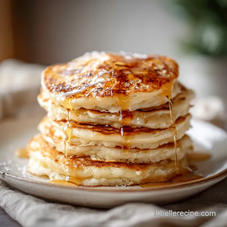 Two fluffy pancakes stacked on a white plate, glistening with maple syrup, accompanied by a fork. Light & airy breakfast.
