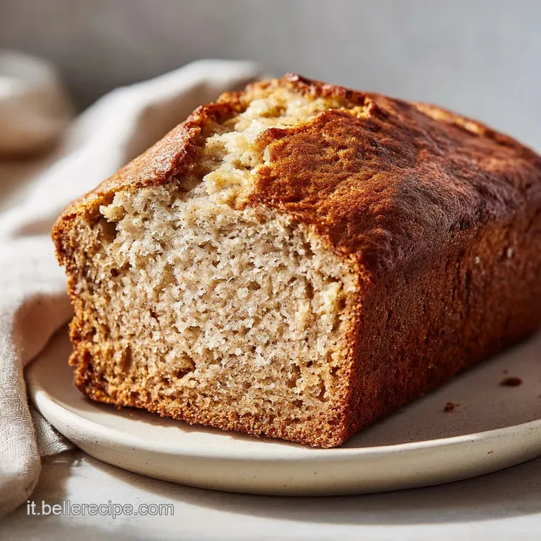A thick slice of moist banana pecan bread on a white plate, dusted with powdered sugar and drizzled with caramel.
