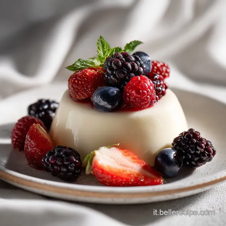 Elegant panna cotta plated with jewel-toned berries and almond slivers, the dessert shimmering softly in the light against...