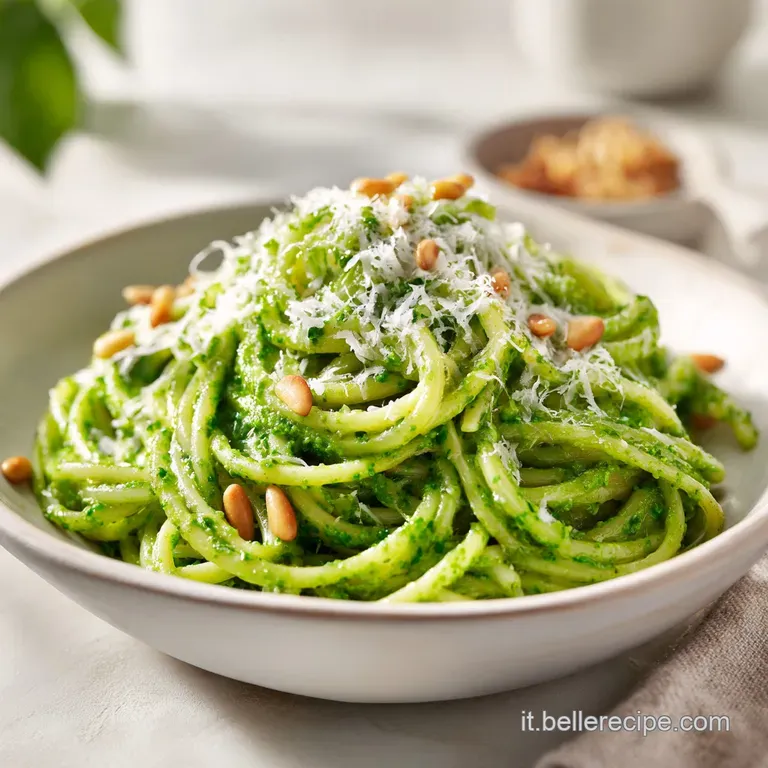 Elegant white bowl featuring a swirl of creamy green pasta topped with toasted pine nuts and a drizzle of olive oil.