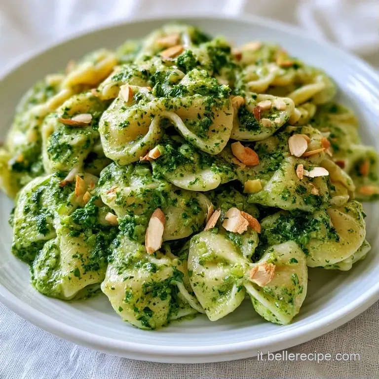 Pasta cremosa verde disposta con cura in un piatto bianco, decorata con una foglia di basilico fresco e olio lucido.