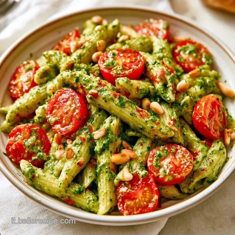 Pasta cremosa verde disposta con cura in un piatto bianco, guarnita con pomodorini rossi e una foglia di basilico fresco.