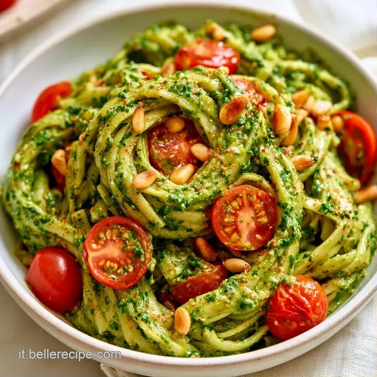 Piatto bianco con pasta cremosa verde, piccoli pomodori rossi a contrasto e una spolverata di formaggio grattugiato.