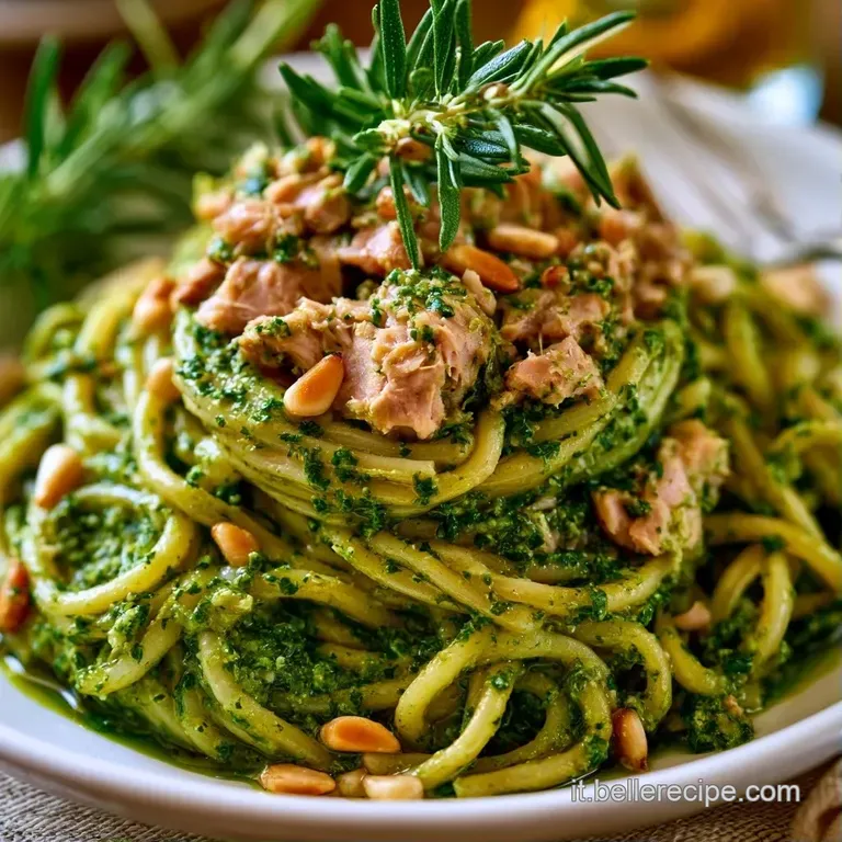Nido di pasta cremosa verde su piatto bianco, guarnito con tonno naturale e una fogliolina di basilico fresco.