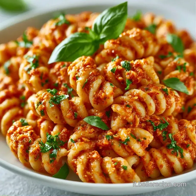 Pasta arricciata in un piatto bianco, condita con crema densa di pomodori e mandorle, guarnita da una foglia di basilico.