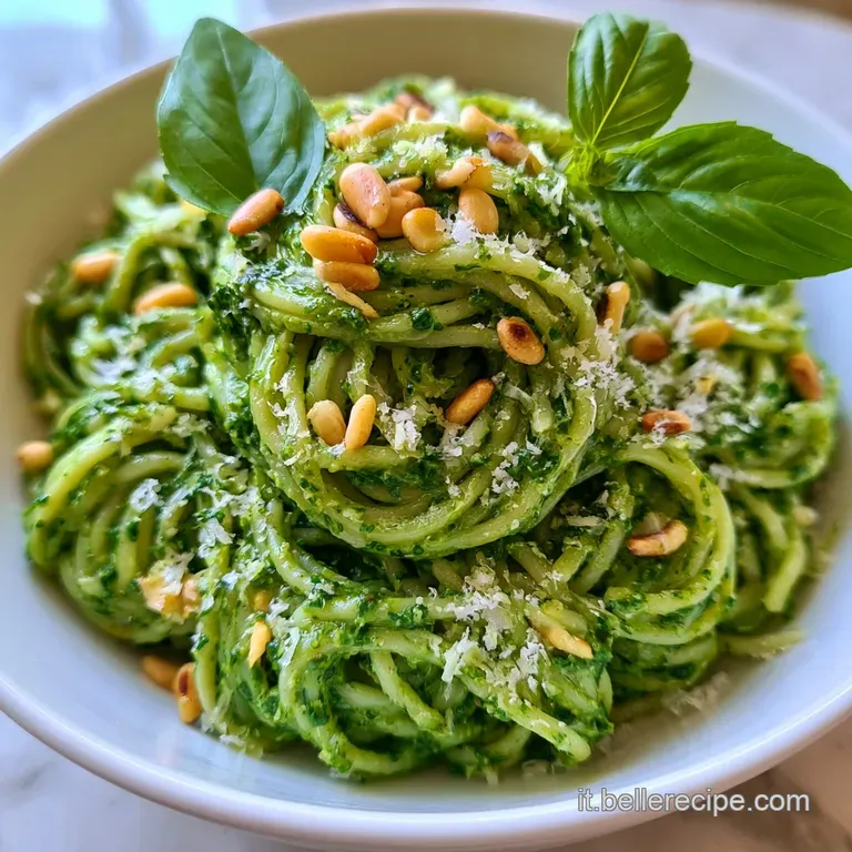 Piatto di ceramica bianca con pasta cremosa verde smeraldo, un filo d'olio lucido e foglioline di basilico fresco sopra.