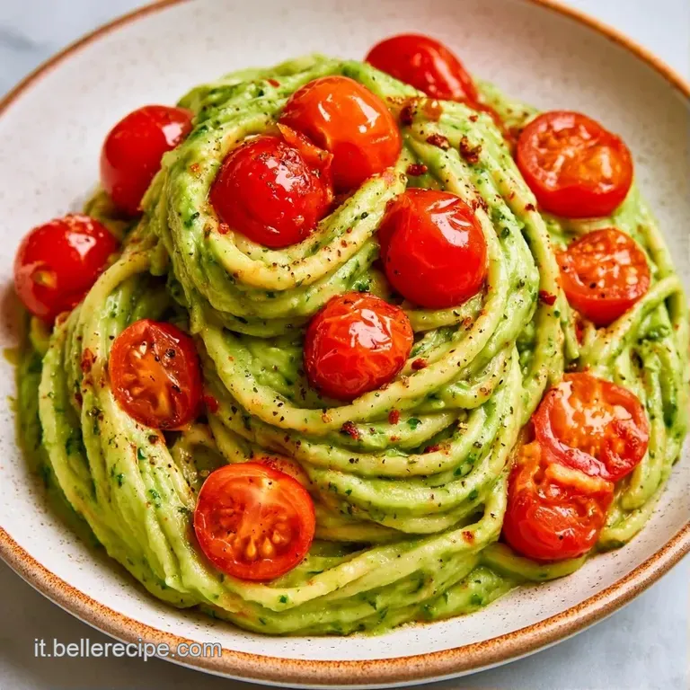 Piatto bianco con pasta cremosa verde, pomodorini rossi lucidi disposti con cura e una spolverata di formaggio bianco.