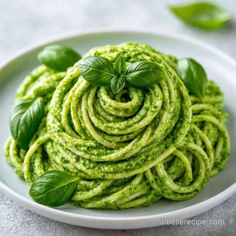 Piatto bianco con un nido di pasta cremosa verde lime, decorato con scaglie di formaggio bianco e pepe nero macinato.