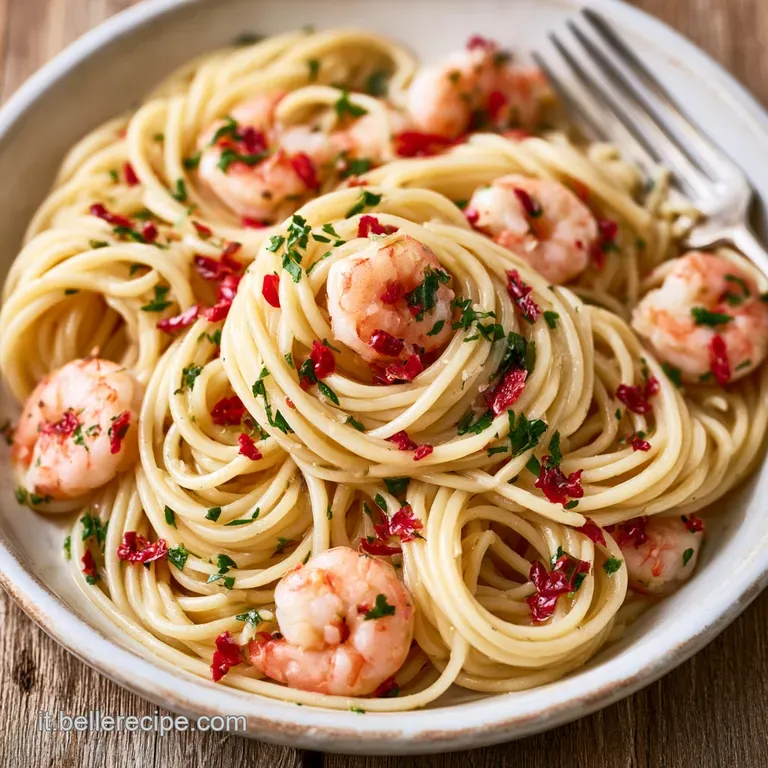 Pasta avvolta con eleganza, sormontata da mazzancolle succose e rosate, guarnita con erbe verdi su fondo neutro.