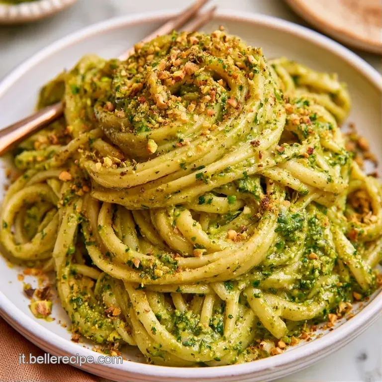 Piatto di ceramica bianca con pasta cremosa verde chiaro, scaglie di formaggio bianco e un rametto di basilico fresco.