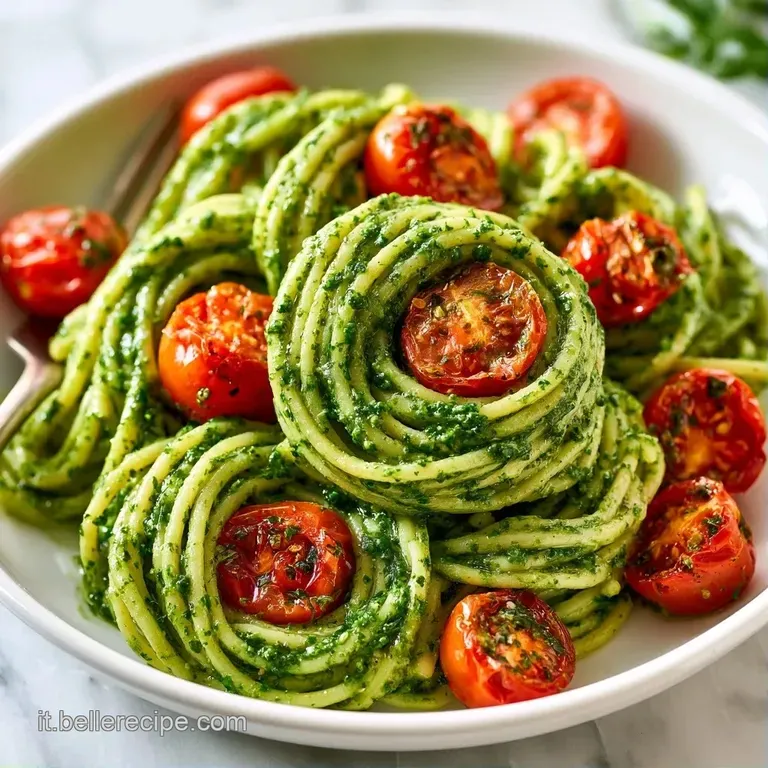 Piatto bianco con pasta cremosa verde smeraldo, pomodorini rossi freschi e un rametto di basilico su fondo neutro.