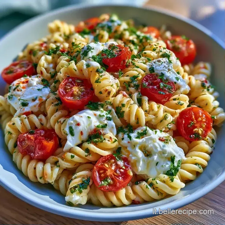 Piatto di ceramica bianca con pasta condita a pomodoro, guarnita con scagliette di formaggio bianco e basilico fresco.