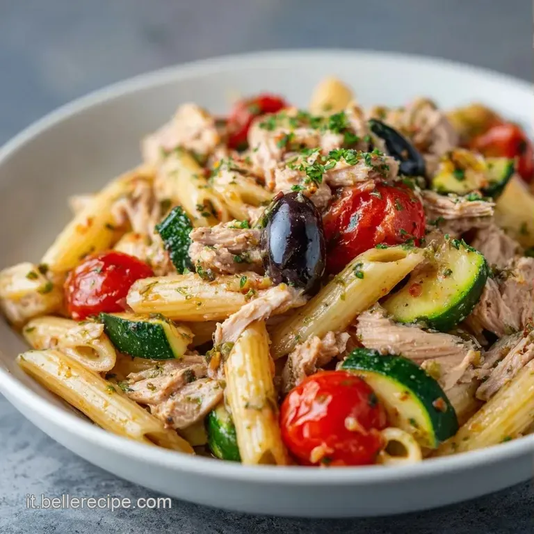 Pasta corta fredda su piatto bianco, con tonno a pezzi, olive scure e un filo d'olio lucido che esalta i colori freschi.