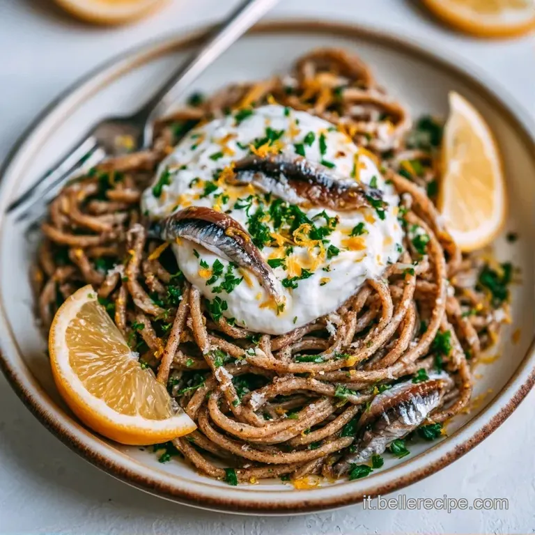 Composizione raffinata di pasta fredda con cuore di burrata fondente, acciughe lucide e un tocco di verde fresco.
