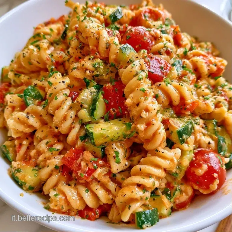 Piatto di ceramica con pasta colorata, guarnita da foglie di basilico fresco e scaglie di formaggio bianco lucido.