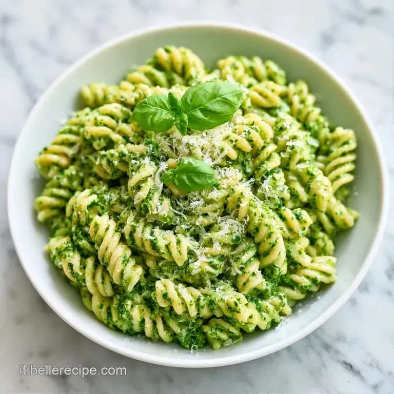 Piatto in ceramica con pasta mantecata in salsa verde vellutata, guarnita con un ciuffo di basilico fresco e pepe nero.