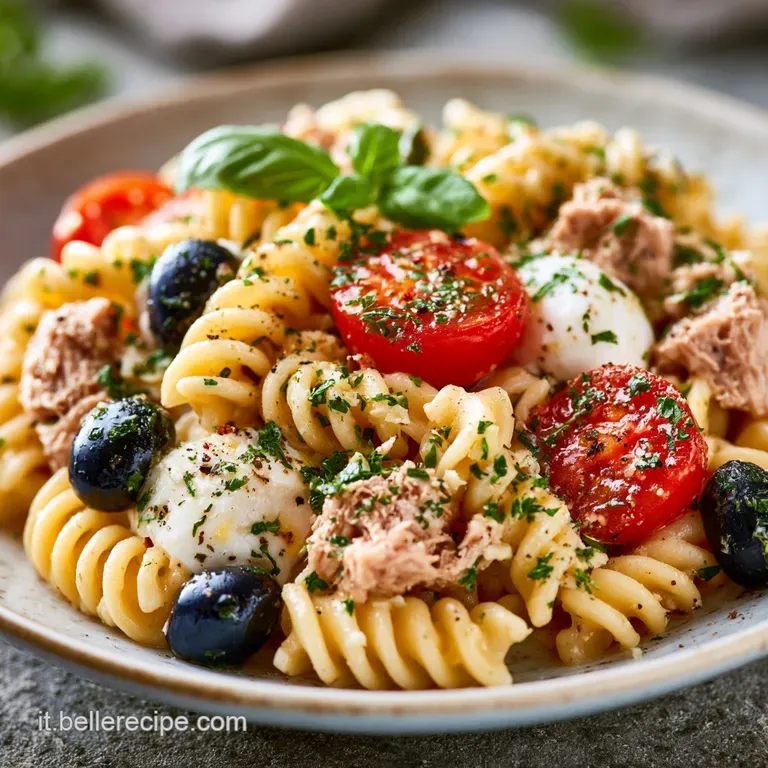 Composizione elegante di pasta fredda con tonno, olive nere e basilico fresco, illuminata da una luce solare naturale.