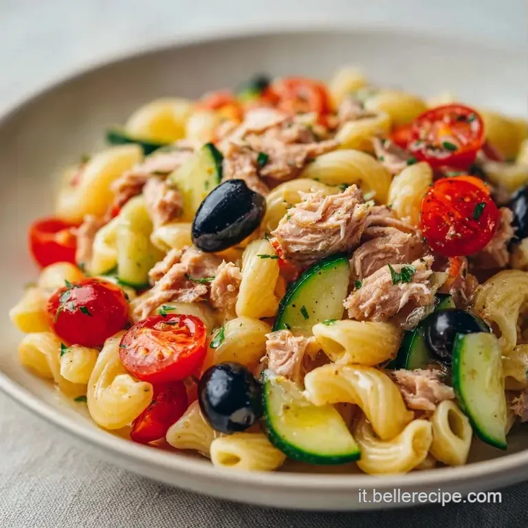 Composizione ordinata di pasta corta condita con tonno, olive nere e erbe aromatiche in una ciotola di ceramica chiara.