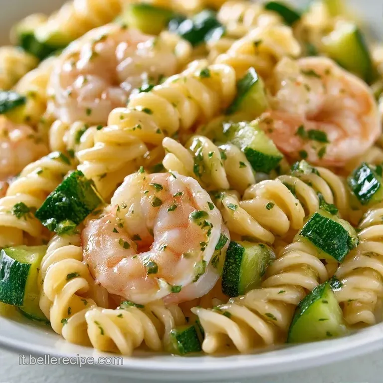 Pasta fredda disposta con cura, gamberetti rosati e zucchine croccanti guarnite da erbe fresche su un piatto di ceramica.